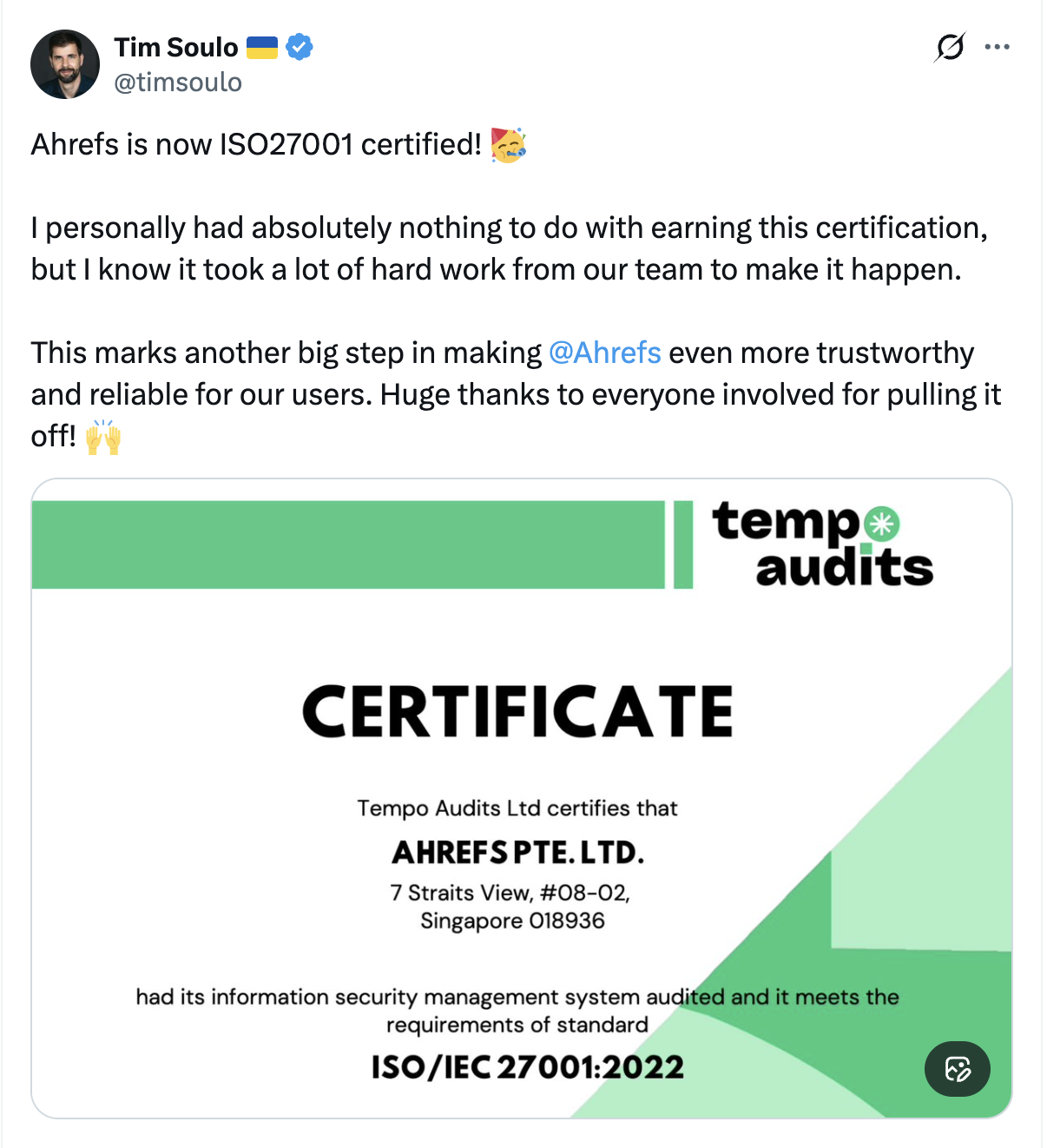 Ahrefs X post about ISO 27001 certification